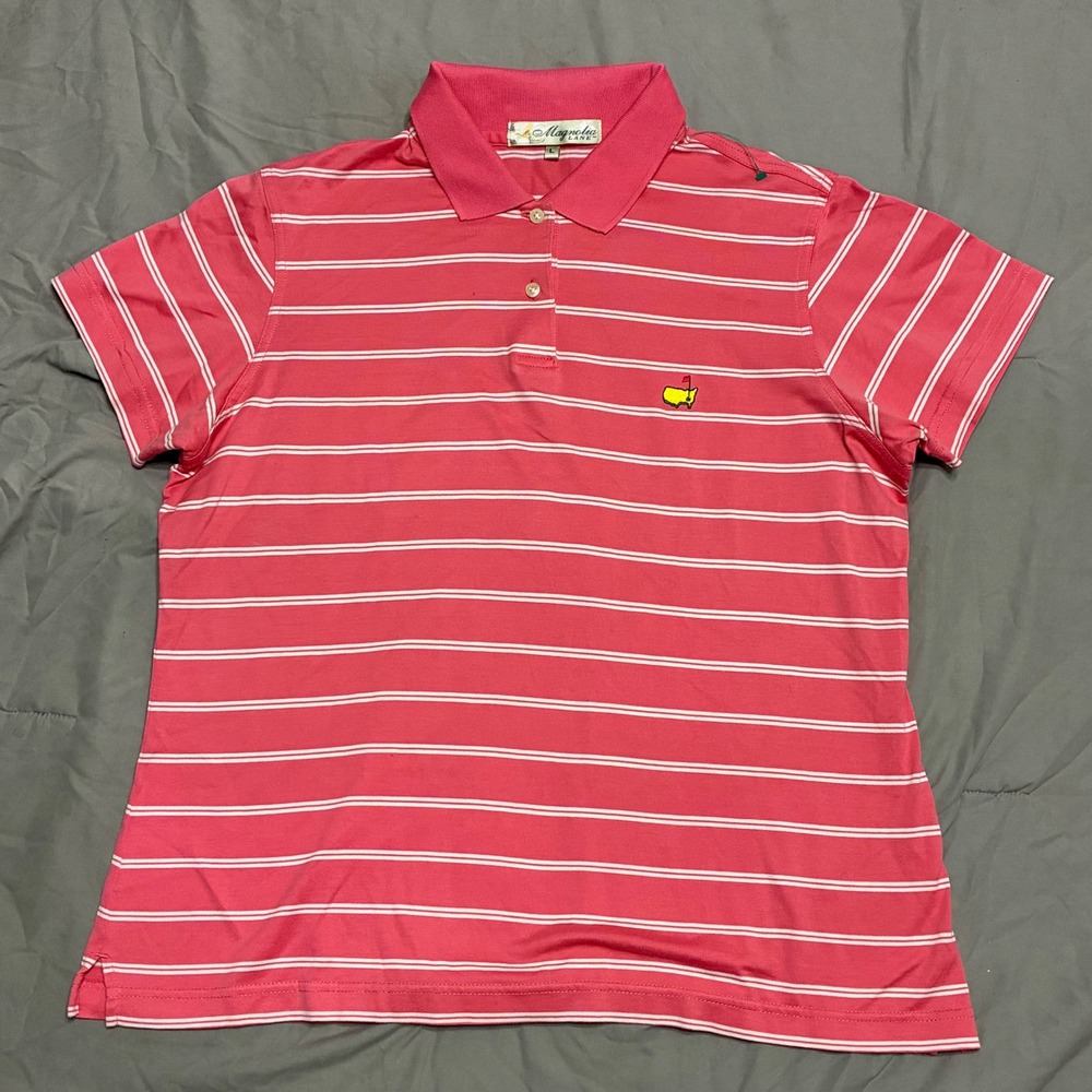 Magnolia Lane Masters Tournament Golf Polo Shirt Pink White Striped Womens Large